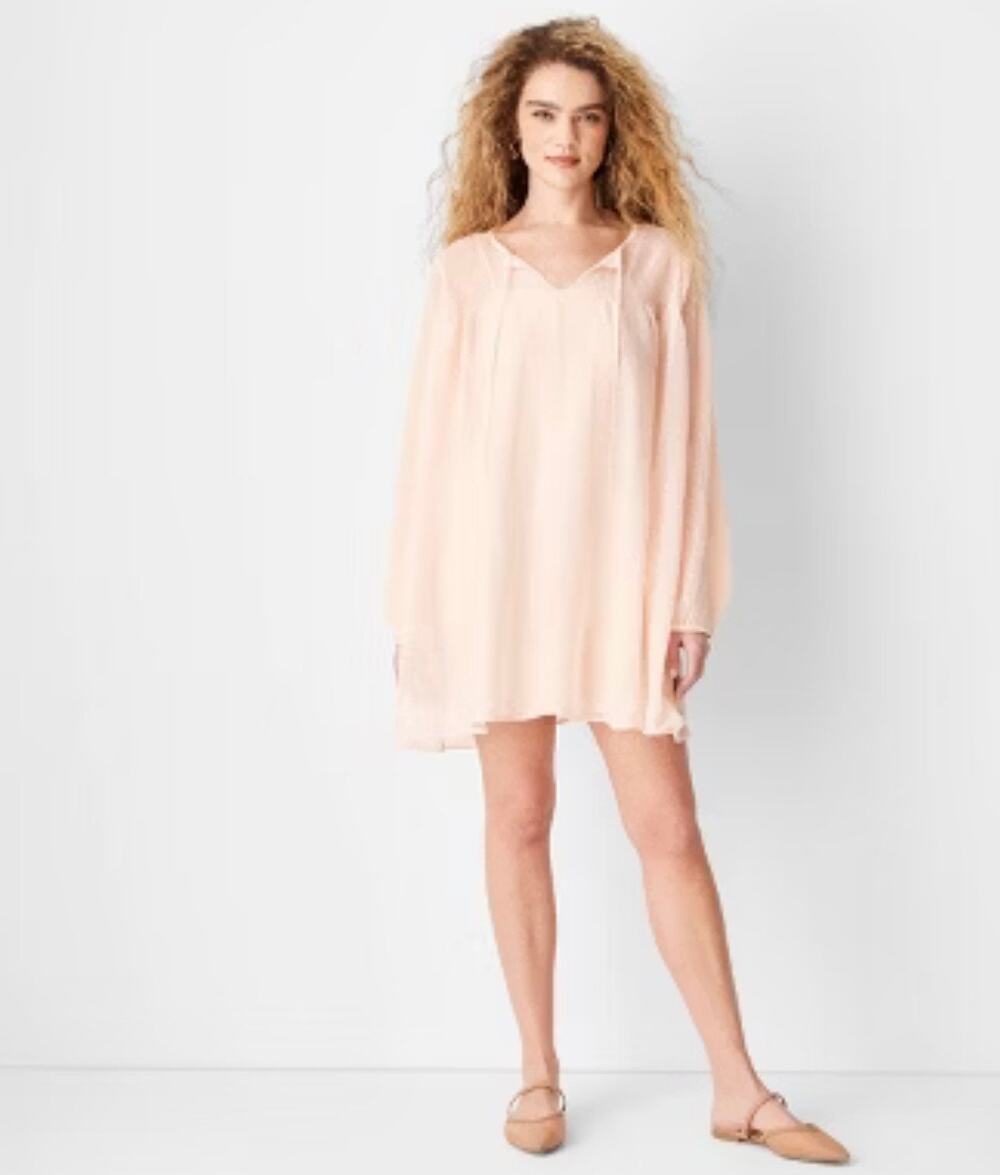 Future Collective Pleated Flowy Boho Sheer Stretch Peach Pink Mini Dress NEW XL